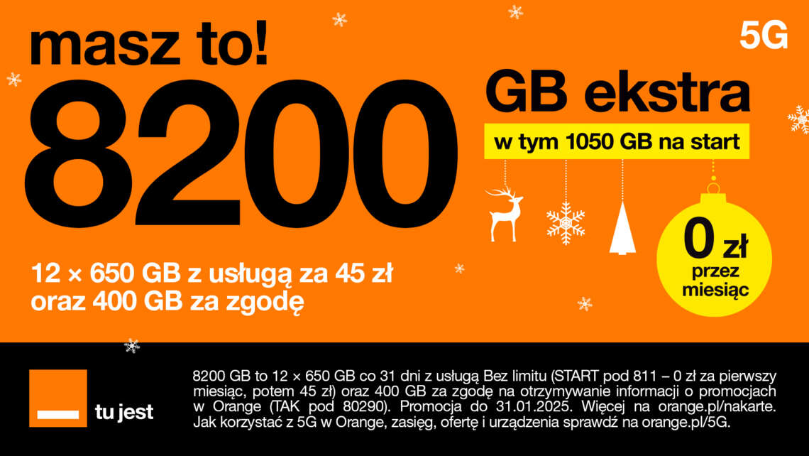 Promocja Bez limitu na miesiąc za darmo + 8200 GB przez rok w Orange na kartę