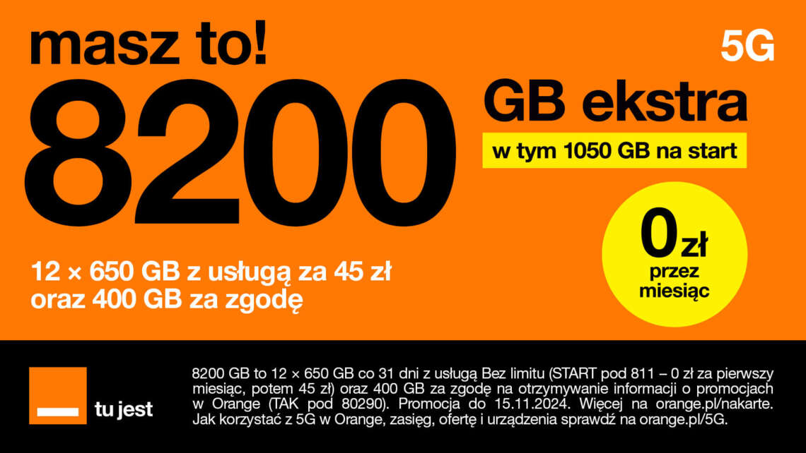 Promocja Bez limitu na miesiąc za darmo + 8200 GB przez rok w Orange na kartę